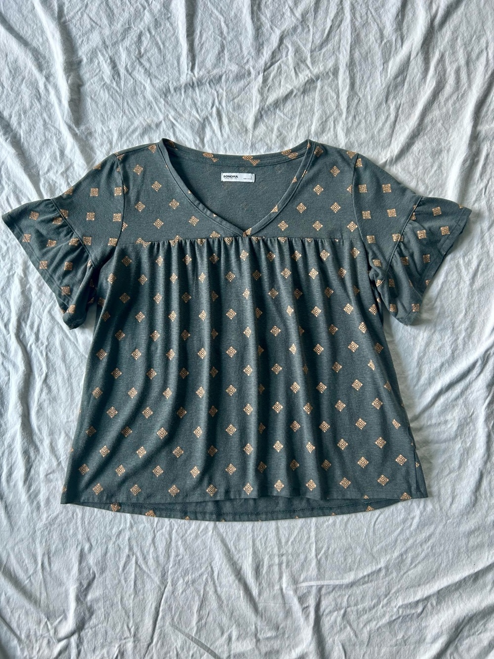 Sonoma Geometric Print V-Neck Gathered Bust T-Shirt w/ Sleeve Flounce